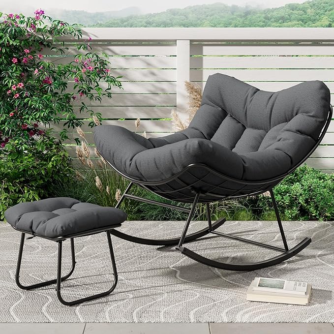 GarveeLife Oversized Papasan Rocking Chair with Footrest, Outdoor Lounge Chair with Ottoman and Sturdy Metal Frame, Patio Rattan Egg Rocker for Balcony Backyard Porch Bedroom, Grey