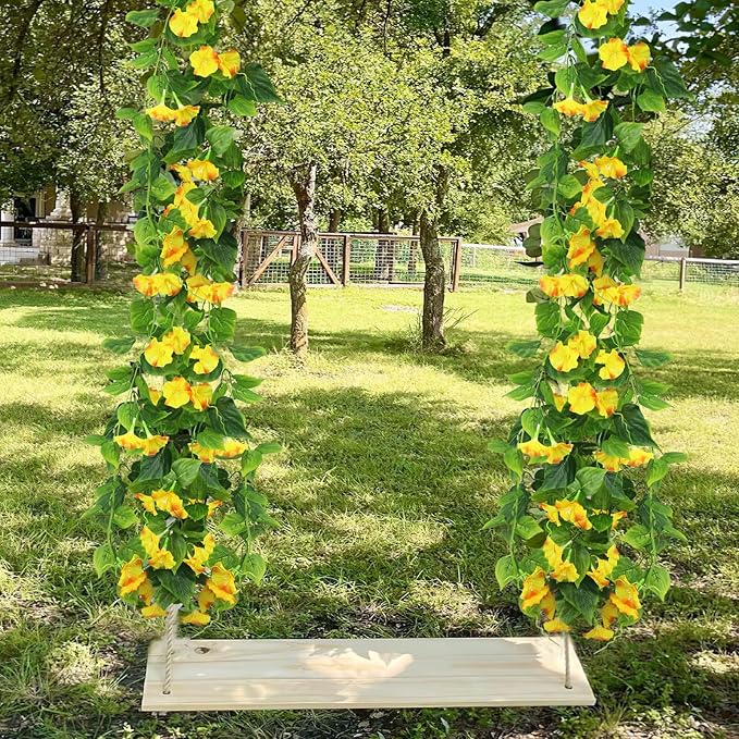 CISDUEO 2 Pcs Artificial Vines Silk Morning Glory Vines for Outdoor 15Feet Hanging Plants Garland Yellow Fake Green Plant Morning Glories for Home Decor Wall Fence Stairway Wedding Hanging Baskets