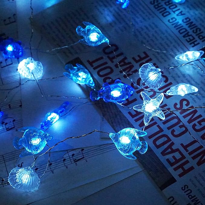 Decorman Sealife String Lights 14ft 40 LED 8 Modes Cool White Weatherproof Battery Operated Ocean Theme Lights for Bedrooms Parties Weddings Gardens with Remote and Timer