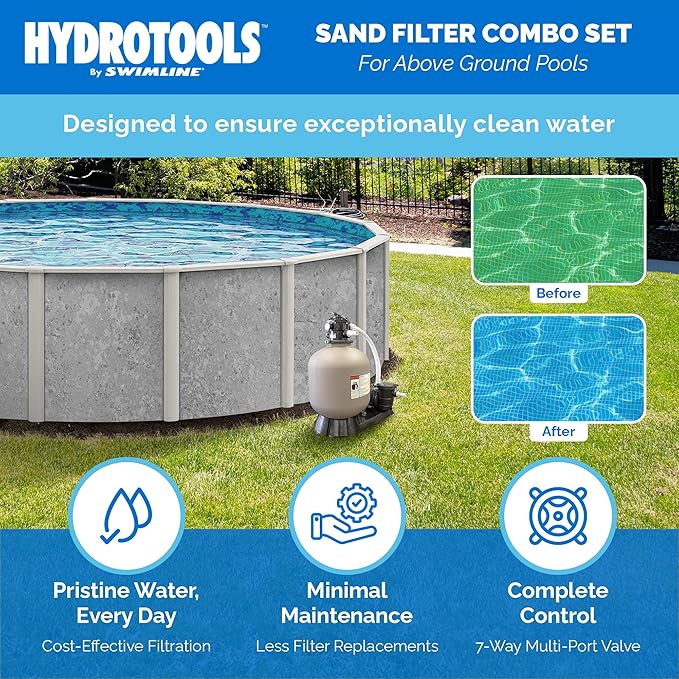 HYDROTOOLS BY SWIMLINE 16 Inch Sand Filter Combo Set With Stand & Multi Port Valve | 100 Pound Sand Capacity