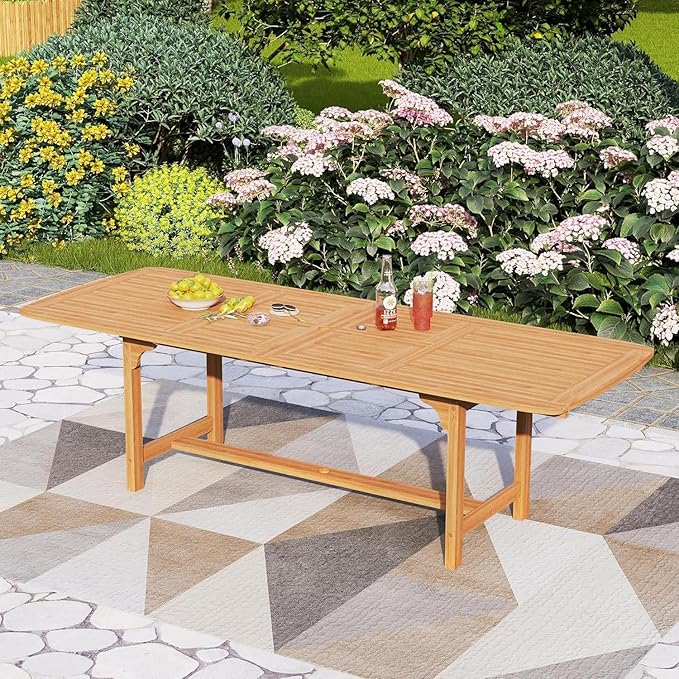 PHI VILLA Outdoor Acacia Wood Dining Table for 6-8, Large Extendable Rectangular Teak Table with Umbrella Hole, Farmhouse Outside Furniture for Patio, Deck, Porch, Yard