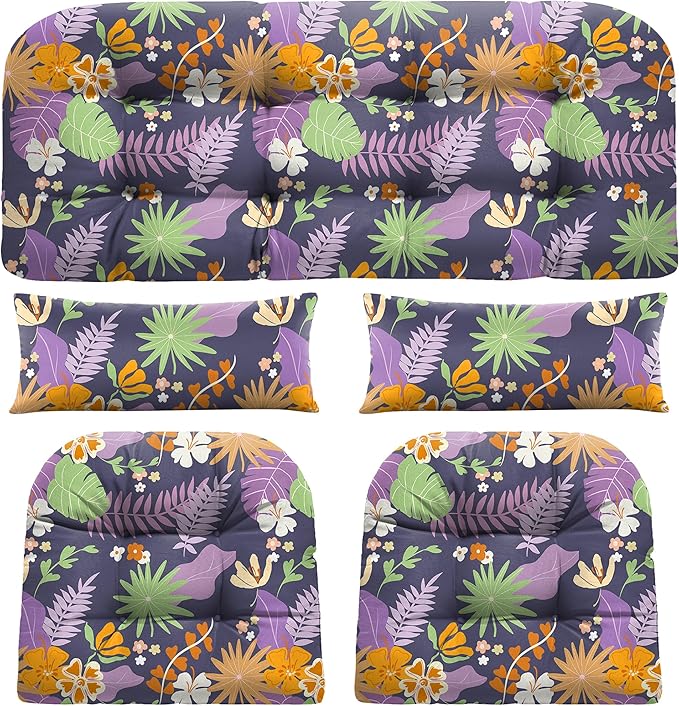 Wicker Chair Cushions of 5 Pieces, Waterproof Outdoor Loveseat Cushion for Wicker Furniture, 1 Love Seat Cushion, 2 U-Shape and 2 Lumbar Pillows for Patio Furniture (Purple Flower)