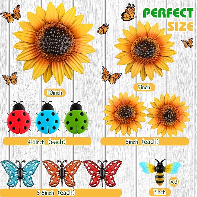 Sweetude 12 Pcs Metal Sunflower Wall Decor Colorful Metal Dragonfly Butterfly Outdoor Decor Garden Fence Patio Yard Flowers Wall Art Summer Flowers Hanging for Home VBS 2025(Novelty Style)