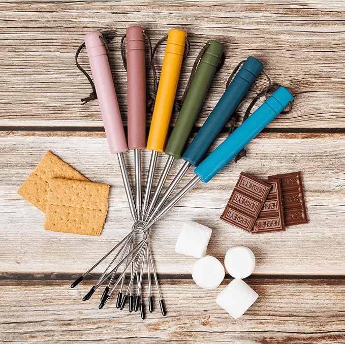 Smores Sticks | Set of 6 Marshmallow Roasting Sticks in Boho Colors | Extendable Stainless Steel w/Solid Wood Handles | Marshmallow Sticks for Fire Pit | Smore Sticks for Fire Pit