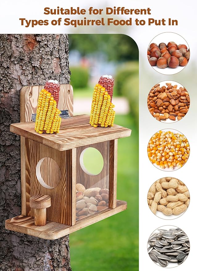 Squirrel Feeder for Outside, Thickened Solid Wooden Squirrel Feeders Platform, Chipmunk Feeder Hold Peanuts Corn Corn Cob, Durable Hanging Feeder Box Funny Squirrel Houses Picnic Table for Outdoors