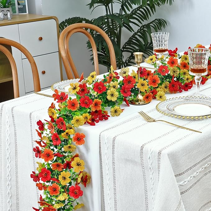 2 Pack Artificial Flowers Garland Ivy,Spring Summer Decor UV Resistant Fake Daisy Vines Floral Vine Silk Hanging Flower for Decor Home Garden Wedding Photo Booth Backdrop (Red Orange Yellow)