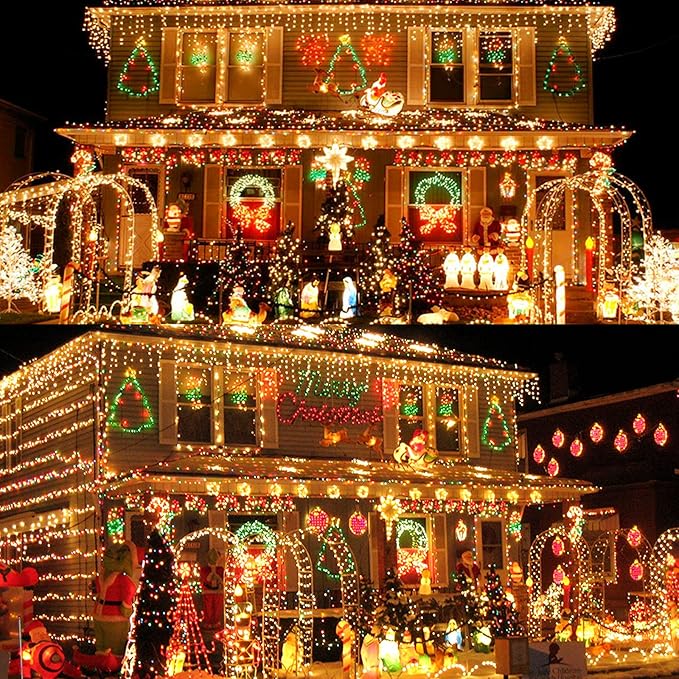 Techip 300 LED Christmas Lights Outdoor, Warm White Christmas Tree Lights Outside Waterproof Twinkle Lights Green Wire Connectable Plug in String Lights Indoor 108FT 8 Modes for Xmas House Decor