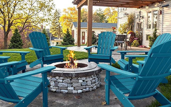 YEFU Adirondack Chairs Set of 4: Outdoor Chair HIPS Plastic Adirondack Chairs - Patio Chairs with Wood Texture - Lawn Fire Pit Deck Porch Garden Chairs for Adults (Pacific Blue)
