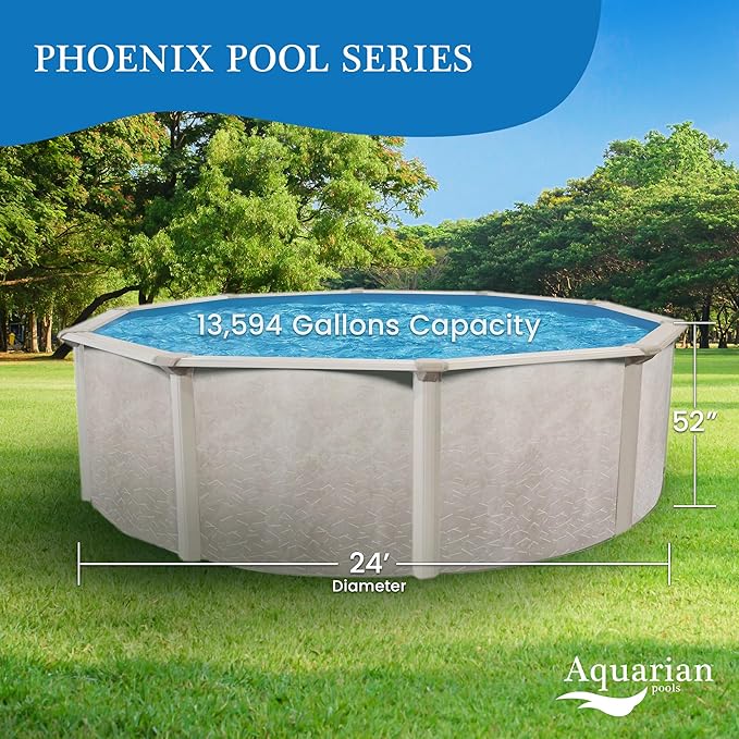 Aquarian Above Ground Pool Kit w/ Pump & Leaf Skimmer, Phoenix Steel-Frame, 24', Cognac - Large Heavy-Duty Outdoor Family Swimming Pool for Backyard, Patio, and Yard
