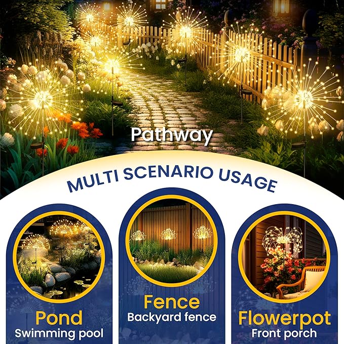 GIGALUMI Garden Decor Outdoor Lights 120LED 6Pack, Solar Garden Lights for Christmas Outside Fairy Firework Decorative,Solar Powered for Yard Pathway Flowerbed Planter Balcony Patio Decor (Warm White
