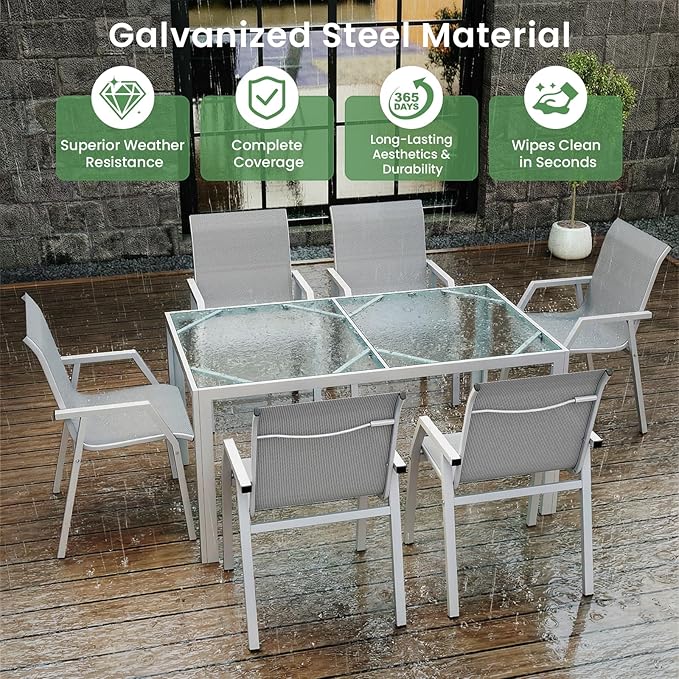 7 Piece Patio Dining Sets for 6, Outdoor Table and Chairs Set with 59in Patio Dining Table and 6pcs Textilene Chairs, All Weather Furniture Set for Backyard Deck Garden