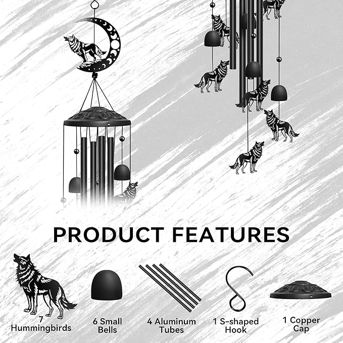 Wolf Wind Chimes for Outside, 32" Decorative Wind Chimes Wolf Gifts for Women, Memorial Windchimes Outdoors with S Hook for Patio Garden Decor, Birthday Gifts for Mom Grandma (Black)