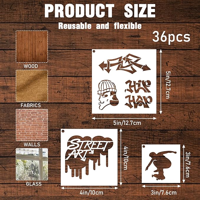 Graffiti Stencils - 36 Pcs Reusable Street Art for Painting on Wood, Wall, Canvas, Rock, Skateboard - Doodle and Spray Painting Stencils