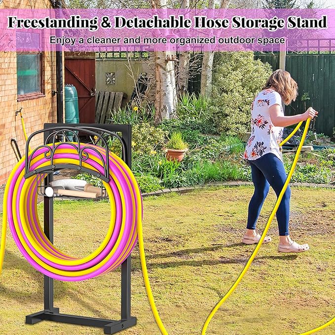 Garden Hose Holder,Heavy Duty Freestanding Detachable Storage Reel Stand,Upgraded 4 Spikes Hose Hanger for Outside Yard Lawn (curved line with Storage Basket)
