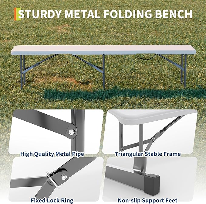 GarveeLife Portable Folding Bench 6 Foot, Plastic Foldable Bench HDPE BenchTop with Carrying Handle for Outdoor Picnic Camping Party Sports Activities - White