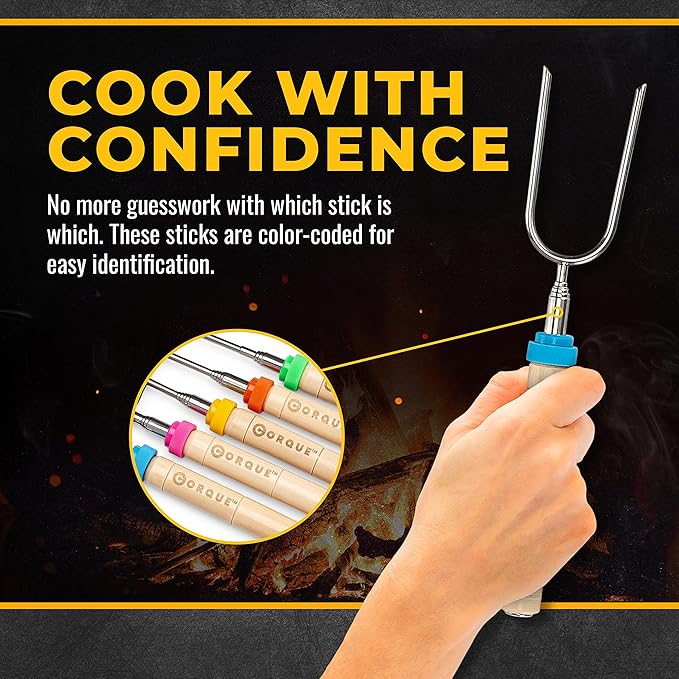 CORQUE Marshmallow Roasting Sticks, Smores Sticks, Extendable, Camping Skewer for Fire Pit, Wooden Handle, 34 inch Metal for BBQ Hotdog, Cooking, Campfires, Bonfires, Set of 10 [New Model]