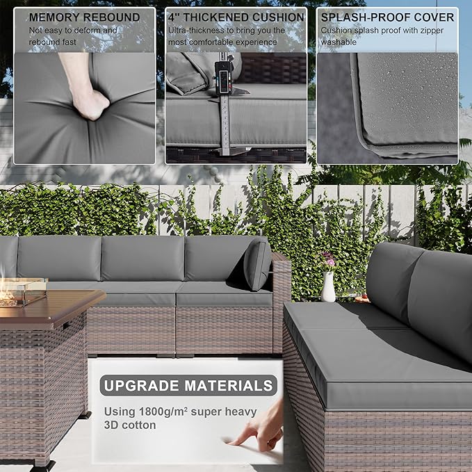 Kullavik 13PCS Outdoor Patio Furniture Set,PE Wicker Rattan Sectional Sofa Patio Conversation Sets with 43" 55000BTU Gas Propane Fire Pit Table,Swivel Rocking Chairs Set,Grey