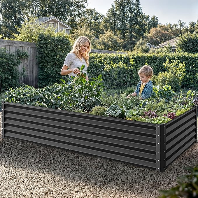 YITAHOME 96x48x18 in Galvanized Raised Garden Bed Kit, Large Metal Planter Box with Gloves, Safety Rubber & Support Rod, Outdoor Flower Bed for Plants Vegetables, Black