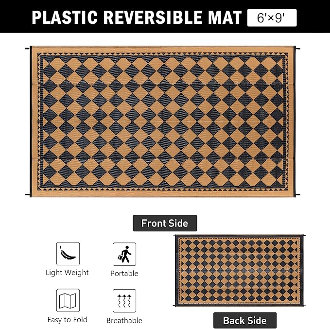 HUGEAR Outdoor Waterproof Rug 6'x9' Plastic Straw Rugs Washable Reversible Floor Mat Brown Plaid Carpet for Camping RV Deck Entryance Porch Picnic Balcony Beach Backyard