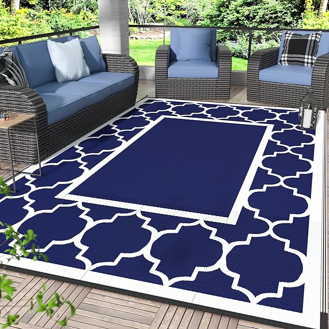 GENIMO 6' x 9' Outdoor Rug Waterproof for Patio Fall Decor, Foldable Reversible Plastic Straw Area Rugs Mat for Camper, Outside Carpet for Rv, Deck, Porch, Picnic, Beach, Balcony, Blue & White