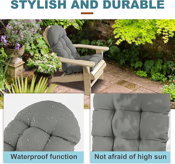 Adirondack Chair Cushion, Rocking Chair Cushion 44x19.4x4 inch, High Back Patio Cushions of Upper and Lower with Ties, Sunscreen and Fade-Resistant (Gray, 1)
