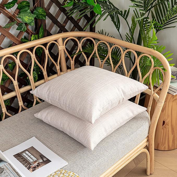 Kevin Textile Pack of 2 Decorative Outdoor Waterproof Checkered Pillow Covers Square Garden Cushion Sham Throw Pillowcase Shell for Patio Tent Couch 24x24 Inch Light Beige