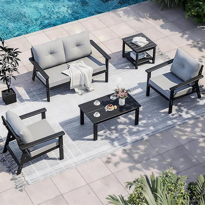 6-Piece HDPE Patio Furniture Set, Outdoor Sectional Sofa Set,All Weather Outdoor Couch with Dust-Free Cushions, Durable Patio Conversation Sets for Balcony, Porch, Black