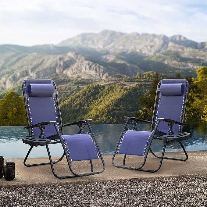 Flamaker Patio Zero Gravity Chair Outdoor Folding Lounge Chair Recliners Adjustable Lawn Lounge Chair with Pillow for Poolside, Yard and Camping (Deep Blue)