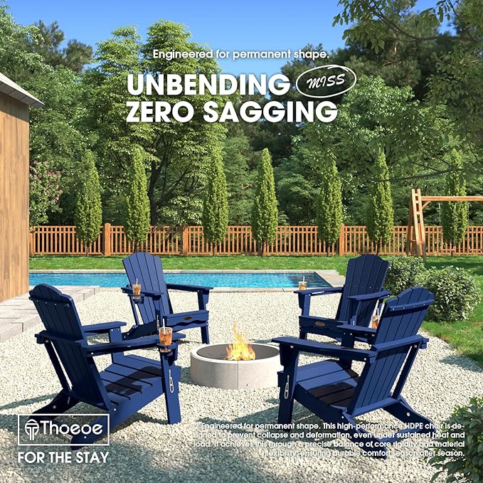 Folding Adirondack Chair Set of 2,HDPE All-Weather Outdoor Chair with Cup Holder,Wooden Textured,Fire Pit Chair,Plastic Patio Chair for Deck,Backyard,Garden,Lawn(Navy Blue)