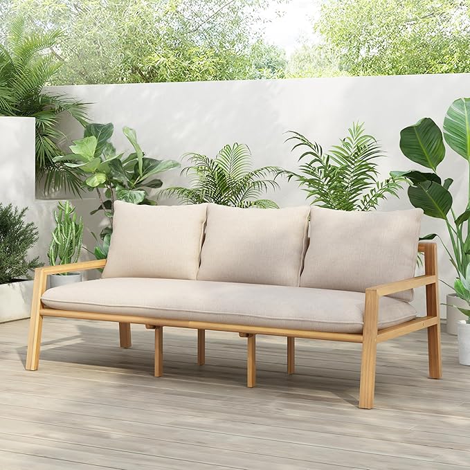 Christopher Knight Home Kaylle Outdoor 3 Seater Sofa with Cushion, Acacia Wood Patio Lounge Sofa with Woven Rope Backrest, Spacious Seating Couch for Backyard Garden Porch, Light Teak + Beige