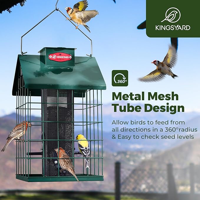 Kingsyard Squirrel Proof Caged Bird Feeder for Outdoor Hanging - Weatherproof Metal Mesh Tube Finch Bird Feeder with 4 Ports for Nyjer/Thistle Seed, Small Birds Goldfinches, Chickadees, Green