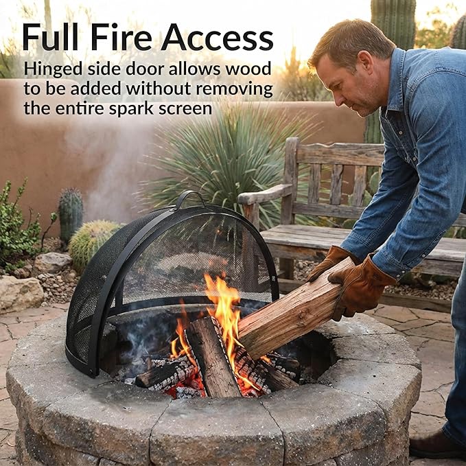 Sunnydaze Round Fire Pit Spark Screen Cover - Easy-Opening Outdoor Fire Pit Screen - Heavy‑Duty Steel Metal Mesh - 32" Diameter