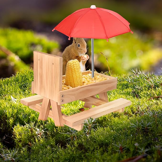 Squirrel Feeder Picnic Table with Umbrella, Wooden Squirrel Feeders for Outside with Corn Cobs Holder Cute Chipmunk Feeder, Easy to Fill with Removable Front Panel