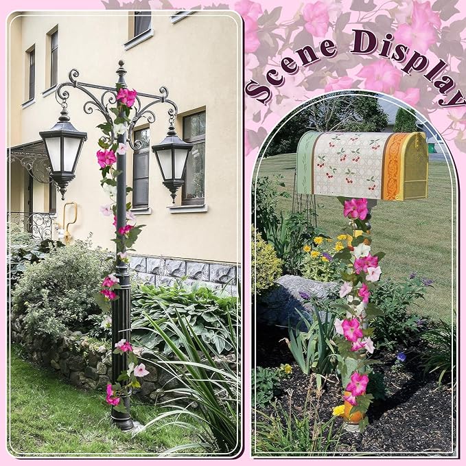 CISDUEO 2Pcs Artificial Vines for Outdoors Silk Morning Glory Garland 11.5Ft Hanging Flowers Plants Fake Petunias Vines for Indoor Home Decor Wall Fence Mantle Stairway Mailbox Rose Red Pink and White