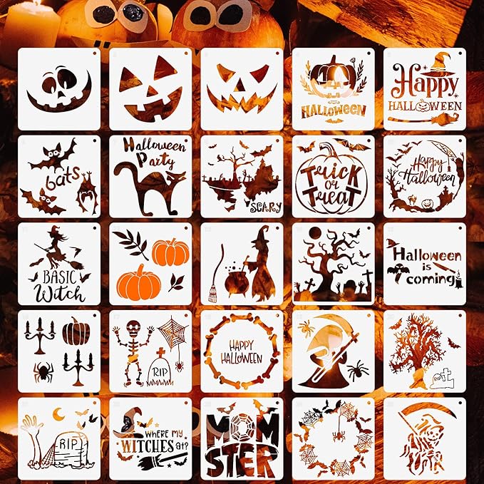 25 Pcs Halloween Stencils Reusable, 6x6 Halloween Stencils for Painting on Wood, Plastic Drawing Spraying Templates for Greeting Cards, Halloween Crafts Ornaments Wall Window Door DIY Decoration