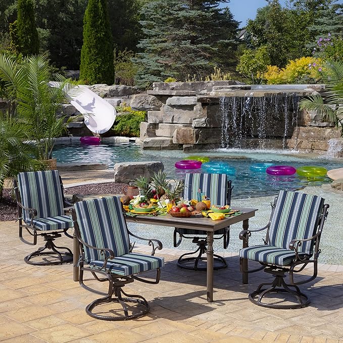 Arden Outdoor Patio Dining Chair Cushion, 20x44, Rain-Proof Seat Pad, Fade-Resistant Outdoor Cushion Sapphire Aurora Blue Stripe