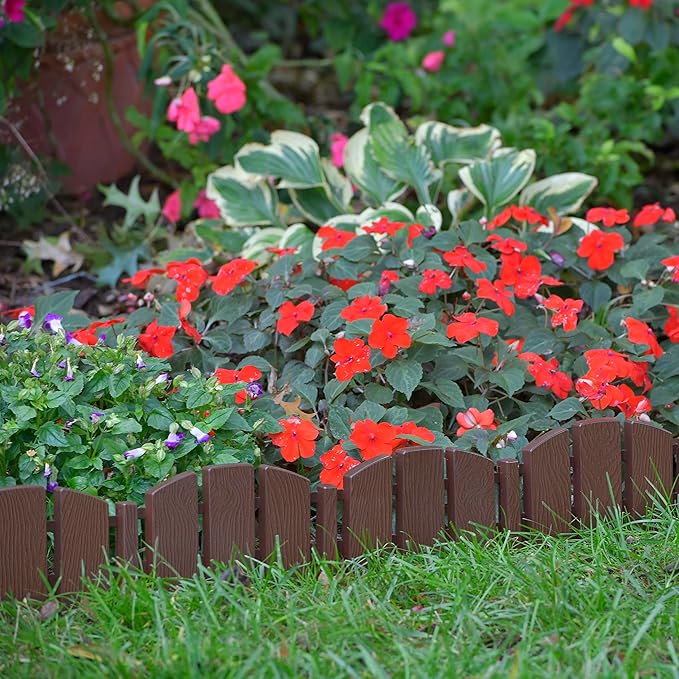 EasyFlex No-Dig Landscape Edging with Anchoring Spikes, 4.5 in. Tall Decorative Adirondack Wood-Look Fence Garden Border, 60 Foot Kit, Brown