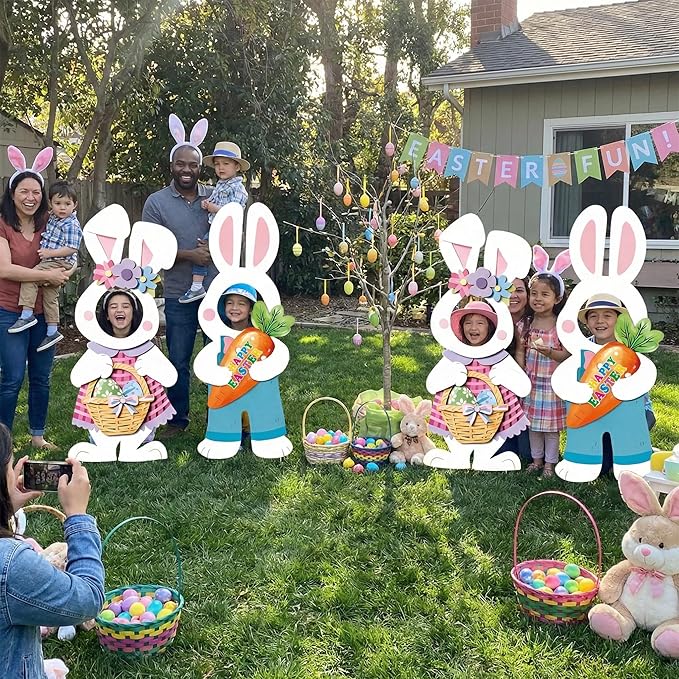 2 Pcs Happy Easter Face Yard Signs Decorations Cute Bunny Egg Yard Sign with Stake Photo Props for Spring Easter Egg Hunt Party Supplies Patio Lawn Garden Outdoor Decor