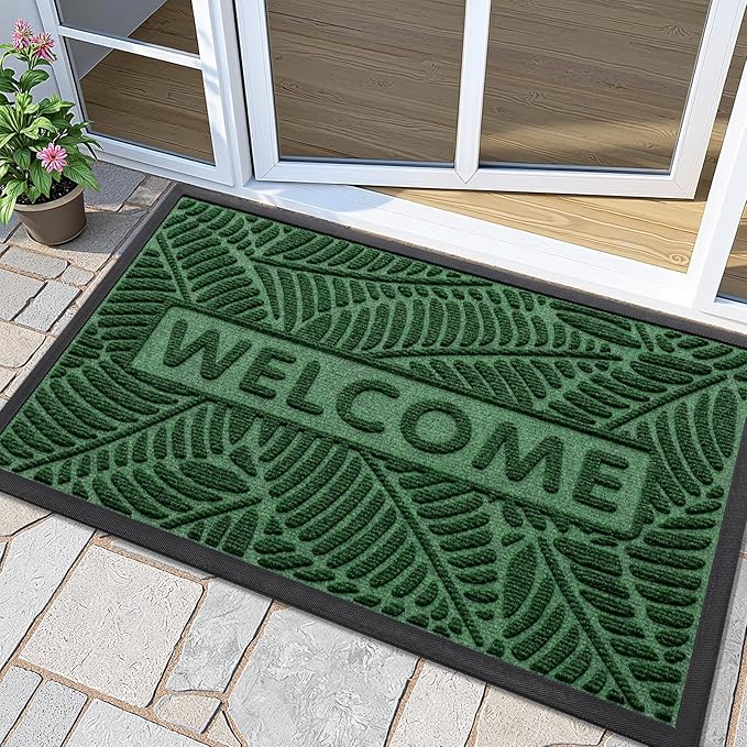Smiry Welcome Mat Indoor Outdoor, All-Season Waterproof Front Door Mat, Sturdy Natural Rubber Doormat, Non-Slip, Easy Clean, Low Profile Dirt Trapper for Porch Patio Entrance, 47x23, Green