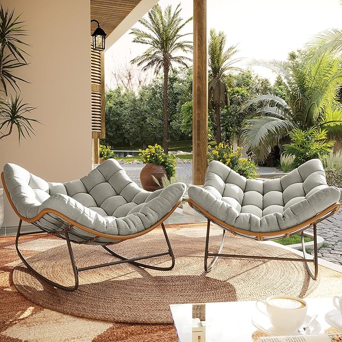 Outdoor Rocking Chair, 2 PCS Indoor Papasan Chairs, Oversized Egg Rocking Chair with Thick Cushion, Rattan Wicker Rocker Lounge Chair for Bedroom, Living Room, Patio, Garden, Porch (Light Grey)