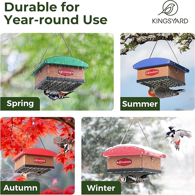 Kingsyard Upgraded Upside Down Double Suet Feeder with Metal Weatherproof Roof, Squirrel-Proof Metal Edging, Suet Feeders for Outside Hanging, Great for Attracting Woodpecker, Nuthatch, Titmouse