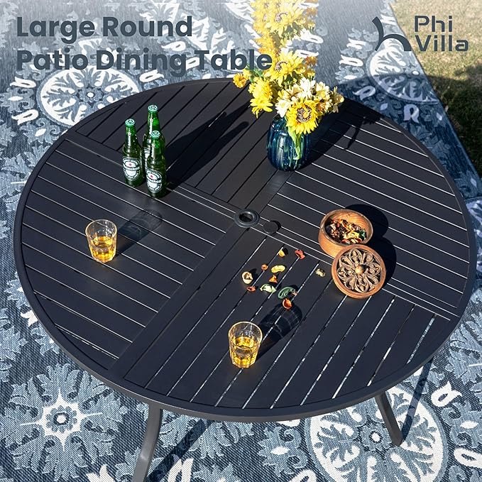 PHI VILLA 7 Pieces Outdoor Round Dining Set for 6, 54" Large Metal Steel Table with Umbrella Hole & Stackable Iron Chairs with Cushions, Modern Furniture Set for Patio, Deck, Yard, Porch