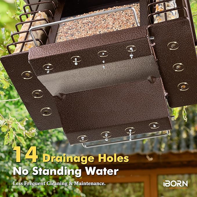iBorn Bird Feeders for Outdoors,Bird Feeder with Double Suet Holders,Suet Feeder for Outside,Weatherproof Metal Roof,Easy to Refill&Clean,3.2 LBs Seed Capacity+2X Cake,1 Pack,Coffee Roof & Coffee Grid