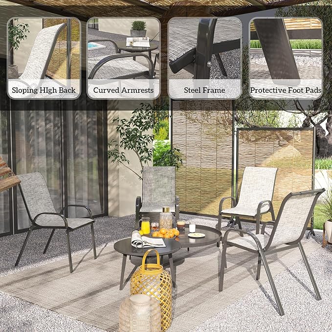 Outsunny Outdoor Dining Chairs Set of 4, Stackable Patio Dining Chairs, High Back Outdoor Patio Chairs with Breathable Mesh Seat, Metal Frame for Garden Lawn Backyard, Mixed Gray