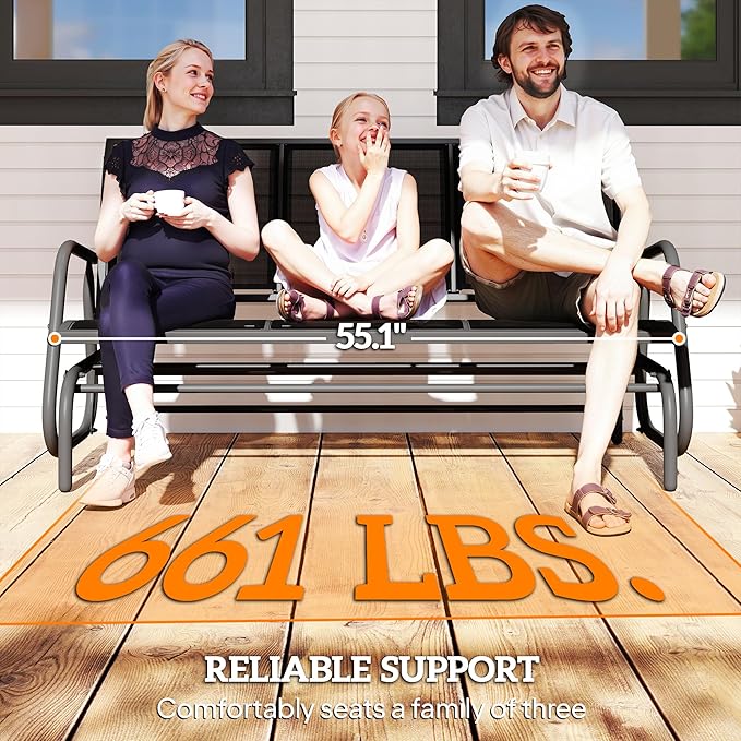 Outsunny 3-Person Patio Glider Bench, Outdoor Porch Glider Swing with 3 Seats, Breathable Mesh Fabric, Metal Frame, Black