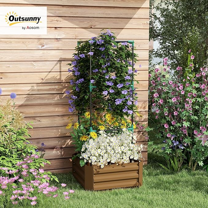 Outsunny Galvanized Raised Garden Bed, 55" Tall Outdoor Planter Box with Trellis Tomato Cage and Open Bottom for Climbing Vines, Vegetables, Flowers in Backyard, Garden, Patio, Brown