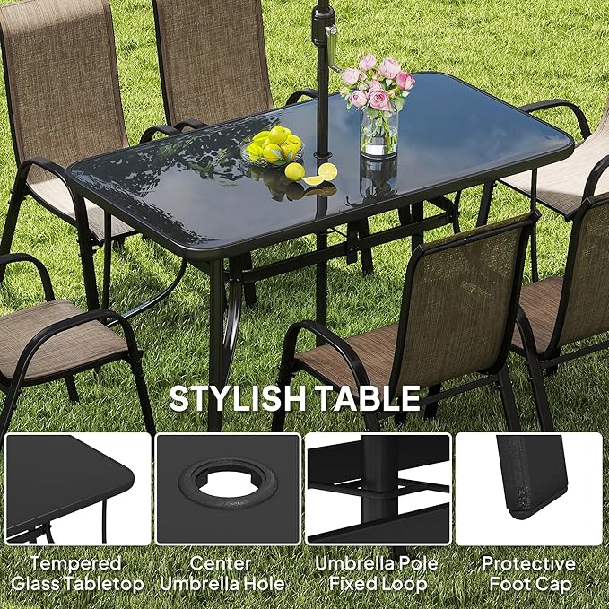 Outsunny 8 Pieces Patio Table and Chairs Set with 9 Ft Patio Umbrella, Outdoor Dining Set with 4.6 Ft Dining Table and 6 Chairs, Push Button Tilt and Crank Parasol, Tempered Glass Top, Mixed Brown