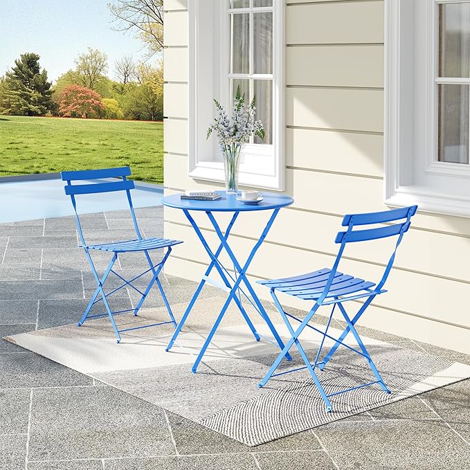 Bistro Table and Chairs Set of 2, 3 Piece Outdoor/Indoor Folding Patio Bistro Sets, 2 Chair Patio Furniture Set with Table, Premium Frame Foldable Coffee Tables for Balcony, Yard, Garden, Blue