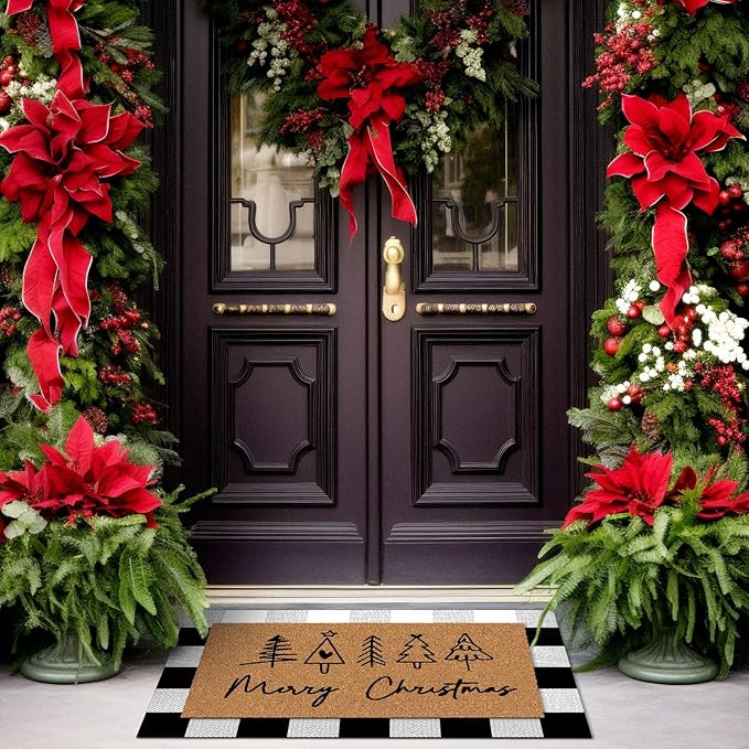 Tinideya 2 Pcs Merry Christmas Door Mat Xmas Tree Welcome Non Slip Coir Mats Heart Xmas Black White Buffalo Plaid Floor Layering Doormats Seasonal for Front Porch Entryway Decor(Christmas)
