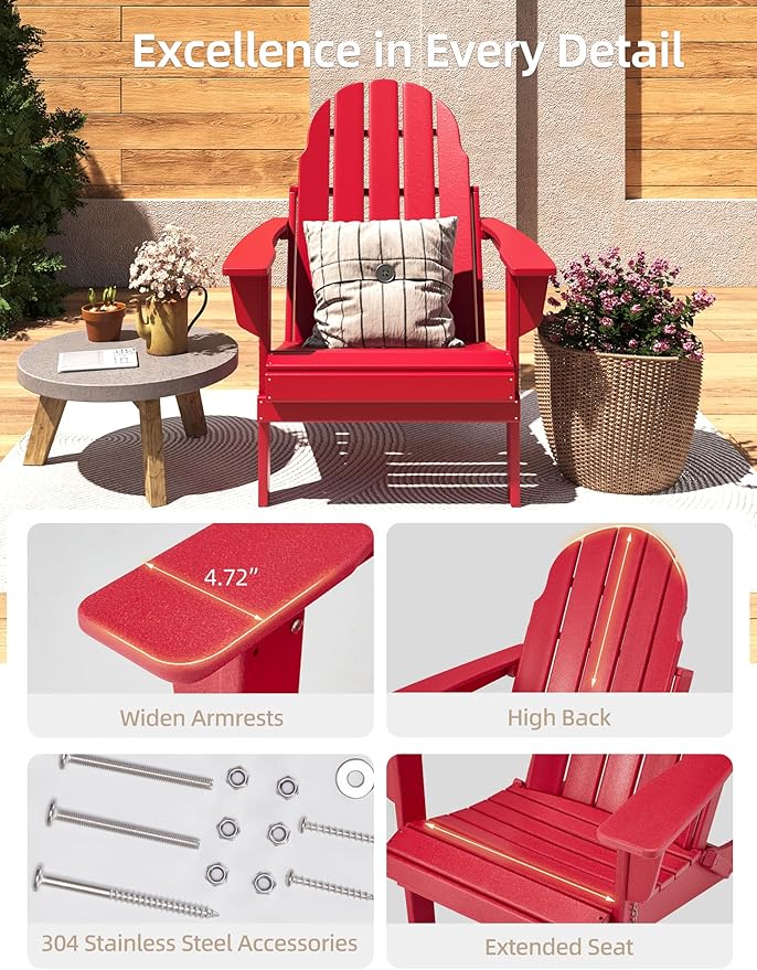 Folding Adirondack Chair - Durable HDPE Poly Lumber All-Weather Resistant, Foldable Oversized Balcony Porch Patio Outdoor Chair for Lawn, Backyard, Deck, Garden, Camping - Easy Installation, Red